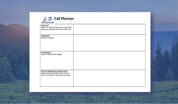 Call Planner worksheet with sections for appointment details, questions, and notes, over a scenic mountain landscape background.