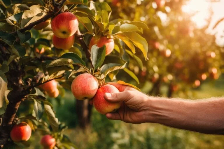 Hand picking fresh delicious juicy apple from an orchard