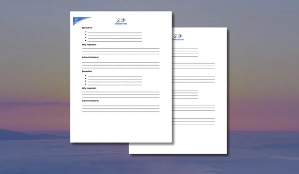 Two printed worksheets with lines for description, action, and importance, placed against a sunset background over water.