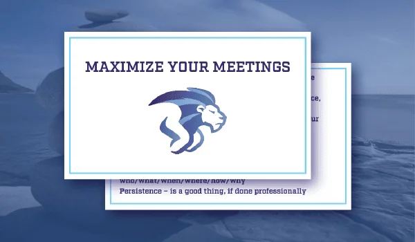 Slide with the text 'MAXIMIZE YOUR MEETINGS' and a logo of a lion's head with a mane in shades of blue.