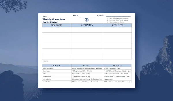 A weekly momentum commitment worksheet with columns for source, activity, and results, including examples like phone calls and social media posts.