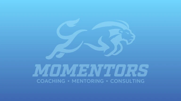 MOMENTORS logo with a stylized lion and the words 'COACHING, MENTORING, CONSULTING' on a blue background.