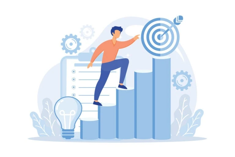A cartoon man climbing steps and hitting a target