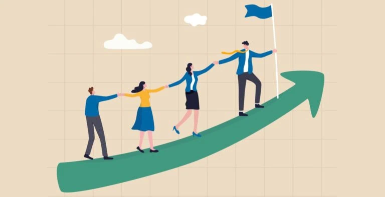 Four diverse business professionals holding hands and walking up a green arrow pointing upward, symbolizing growth and teamwork.
