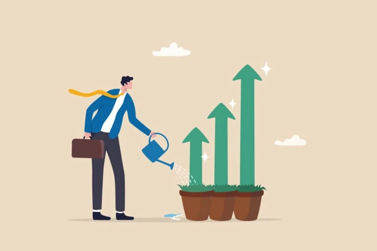 an illustration of a man watering arrows coming out of potted plants as if they were growing