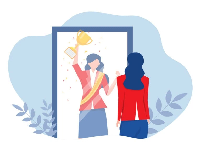 A woman looking in the mirror holding a trophy