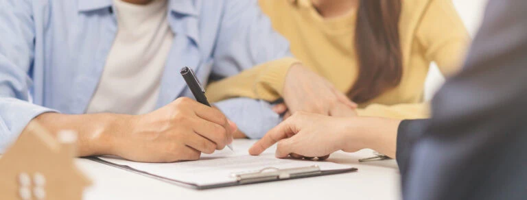 Happy asian couple client, tenant buyer home ,apartment, sign signature contract rental, purchase. Landlord, realtor agreement after bank approve mortgage, loan success or done. Property agent concept