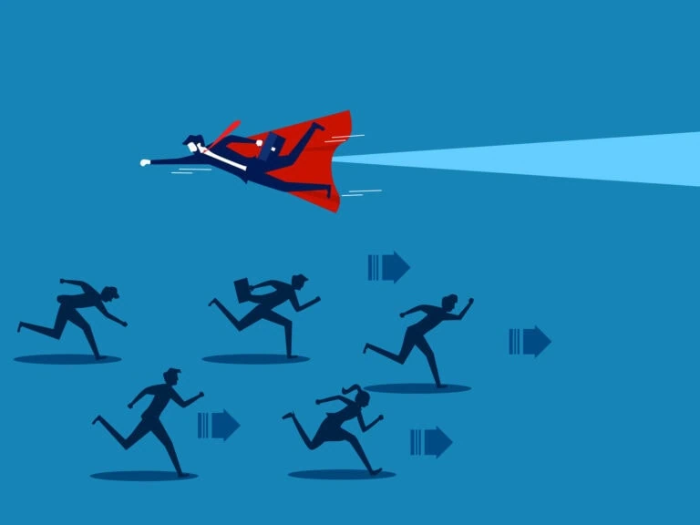 Illustaration of a businessman hero flying in the opposite direction of men running on foot the opposite direction