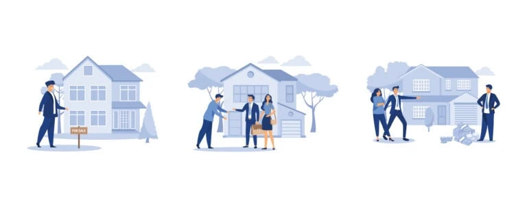 Series of illustrations showing a man in a suit walking, talking with a group of people, and then standing alone in front of houses.