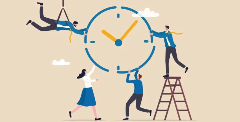 Illustration of four people working together to set a large clock, symbolizing teamwork and time management for success.