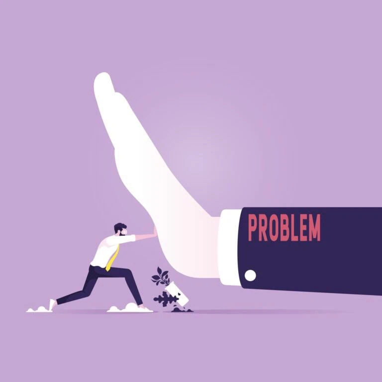An illustration of a man pushing against a hand with the word problem written on it